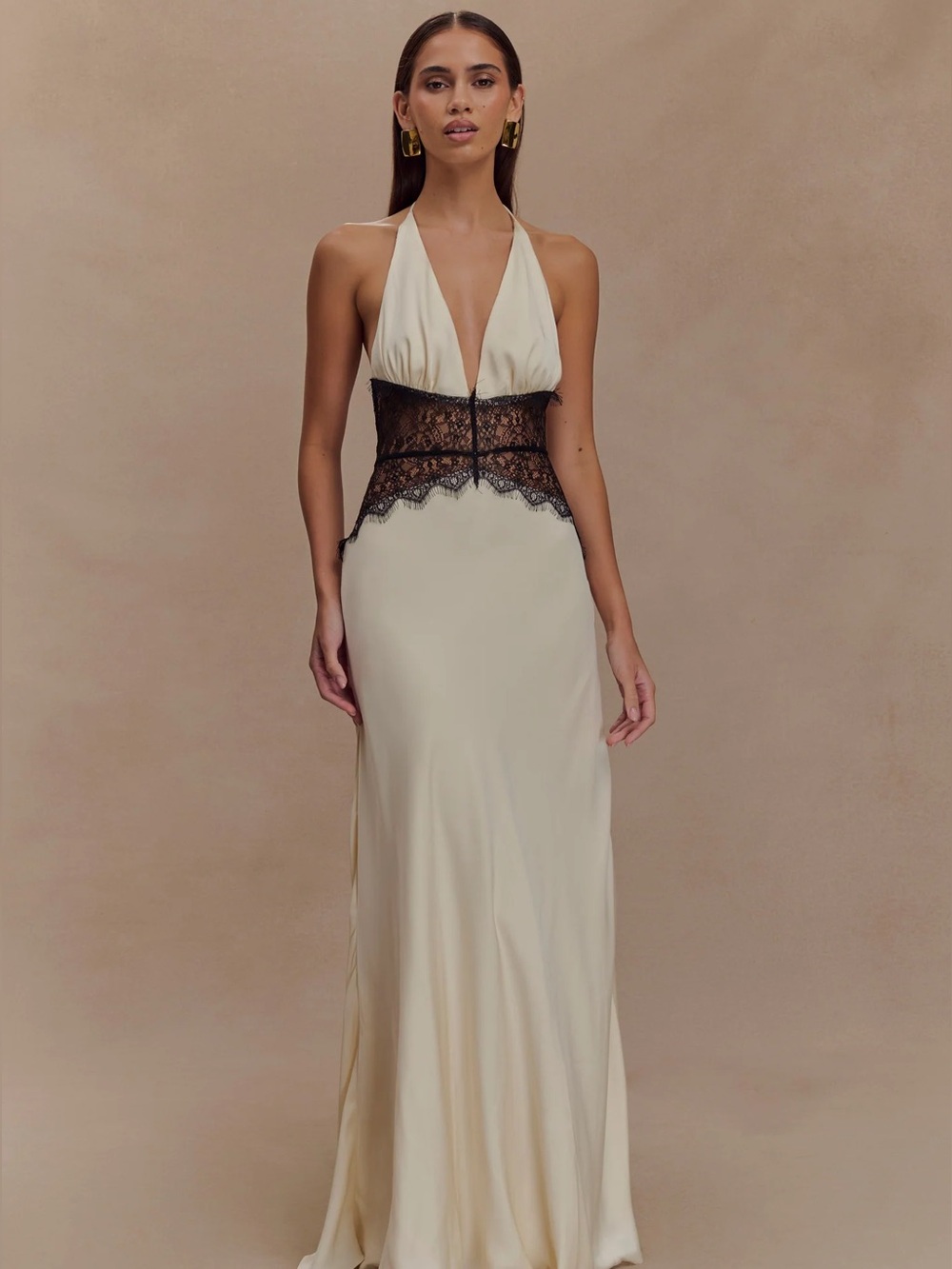 Meshki Dinah Lace and Satin Maxi Dress in Black/Ivory